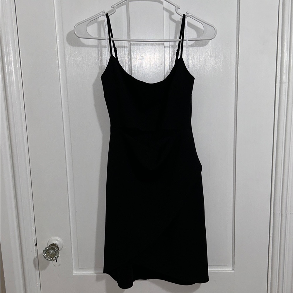 Black Lulus Mini Dress with Front Cut-Out & Draped Skirt